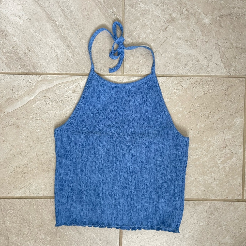 Blue Elastic Knit Halter Crop Top